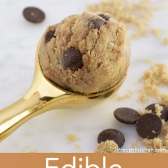 Pinterest graphic of edible cookie dough in a scooper.