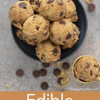 Pinterest graphic of scoops of edible cookie dough in a bowl.