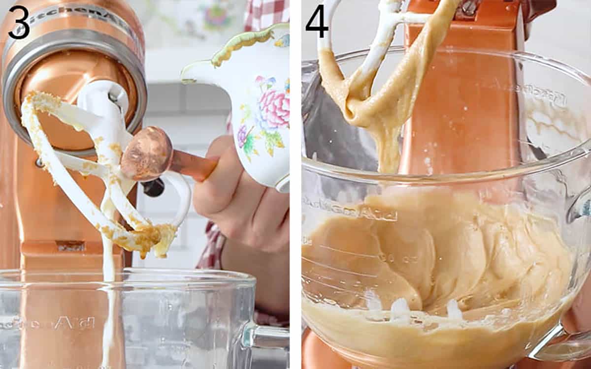Set of two photos showing milk getting poured into a mixer and combined.