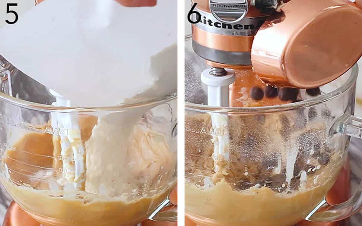 Set of two photos showing baked flour and chocolate chips getting poured into a mixer.