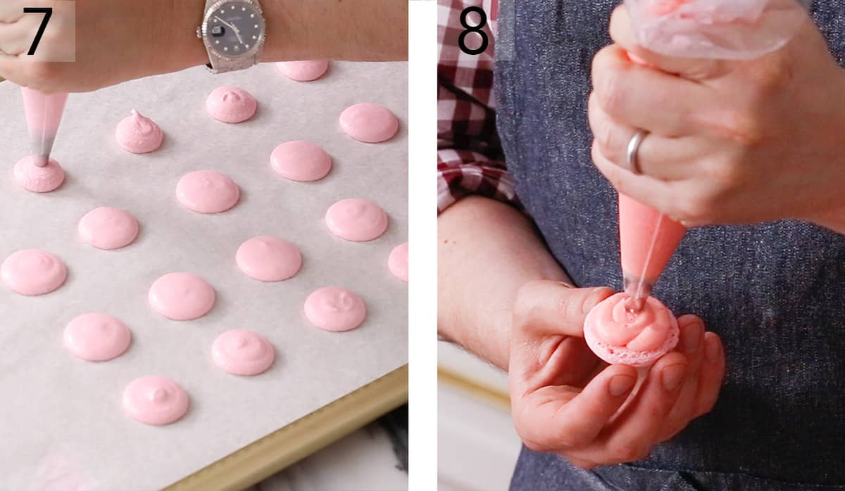 Macarons being piped onto parchment paper.