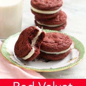 Pinterest graphic of a plate of red velvet cookies with one with a bite taken out of it.