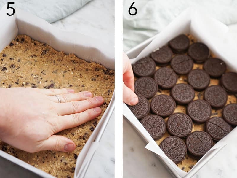 Cookie dough getting topped with Oreos as slutty brownies are assembled