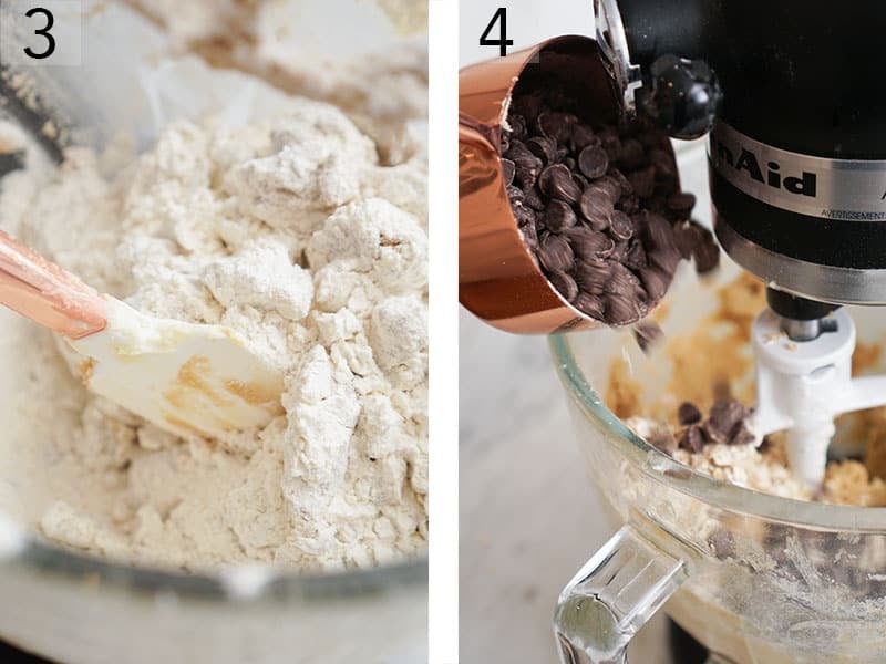 Chocolate chips and oats gooing into cookie dough batter.