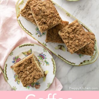 Coffee cake with a streusel topping and cup of coffee