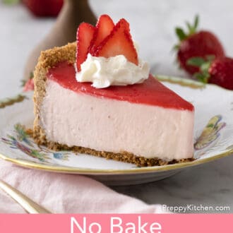 Piece of no bake strawberry cheesecake on a plate