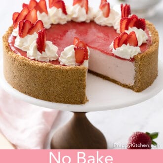 no bake strawberry cheesecake on a stand