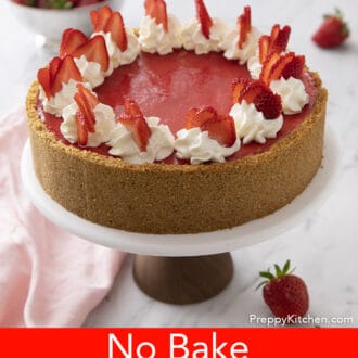 no bake strawberry cheesecake on a stand