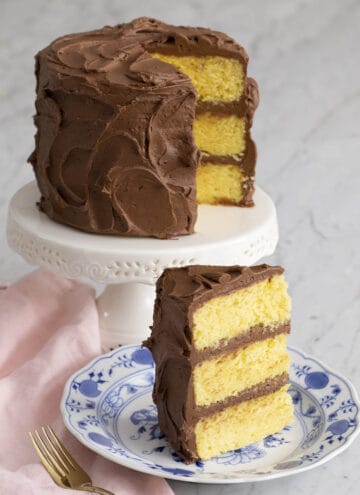 A three layer Yellow Cake with chocolate frosting
