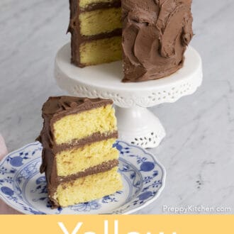 Yellow Cake with chocolate frosting on cake stand