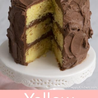 Yellow Cake with chocolate frosting on cake stand