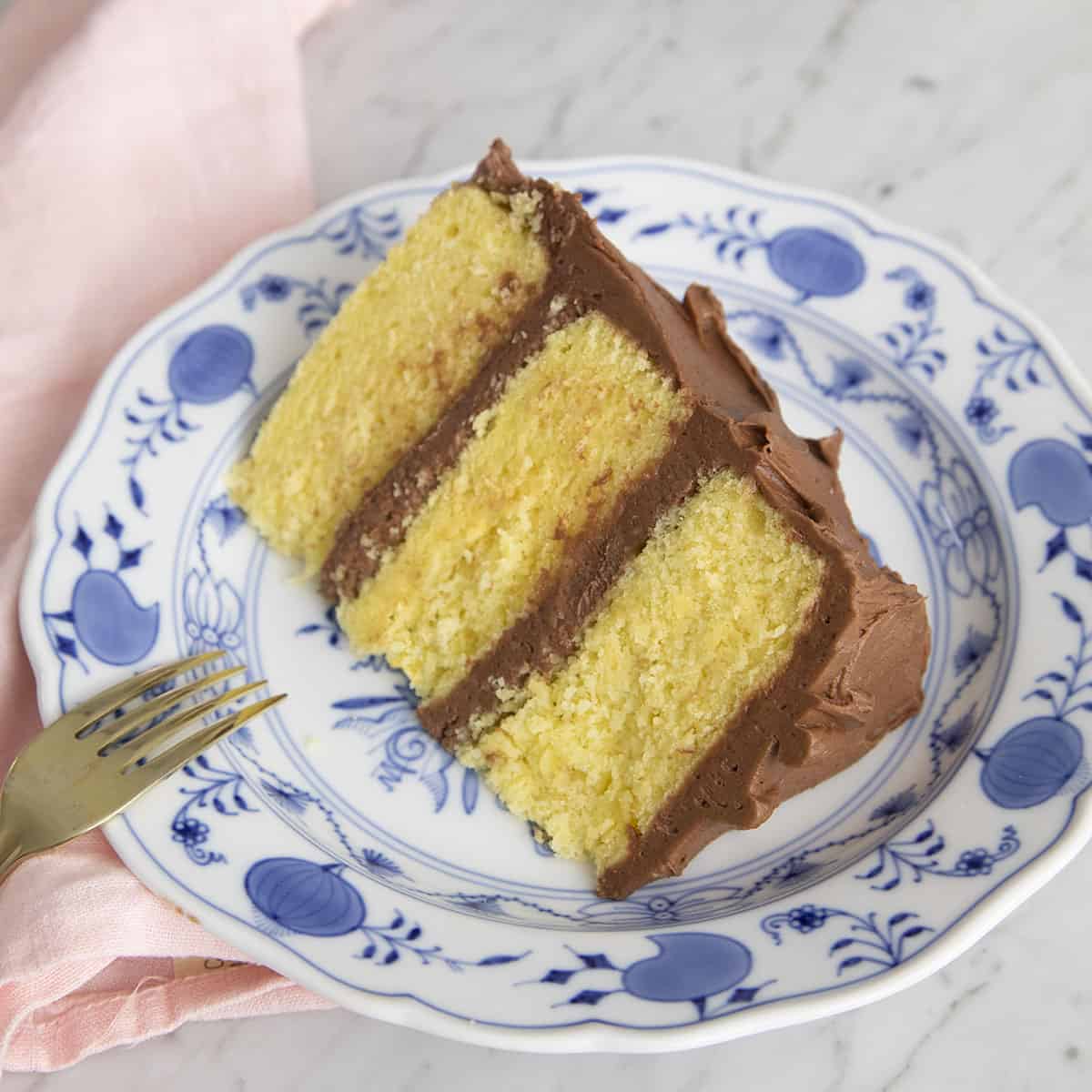 A piece of yellow cake with chocolate frosting on a blue and white plate.