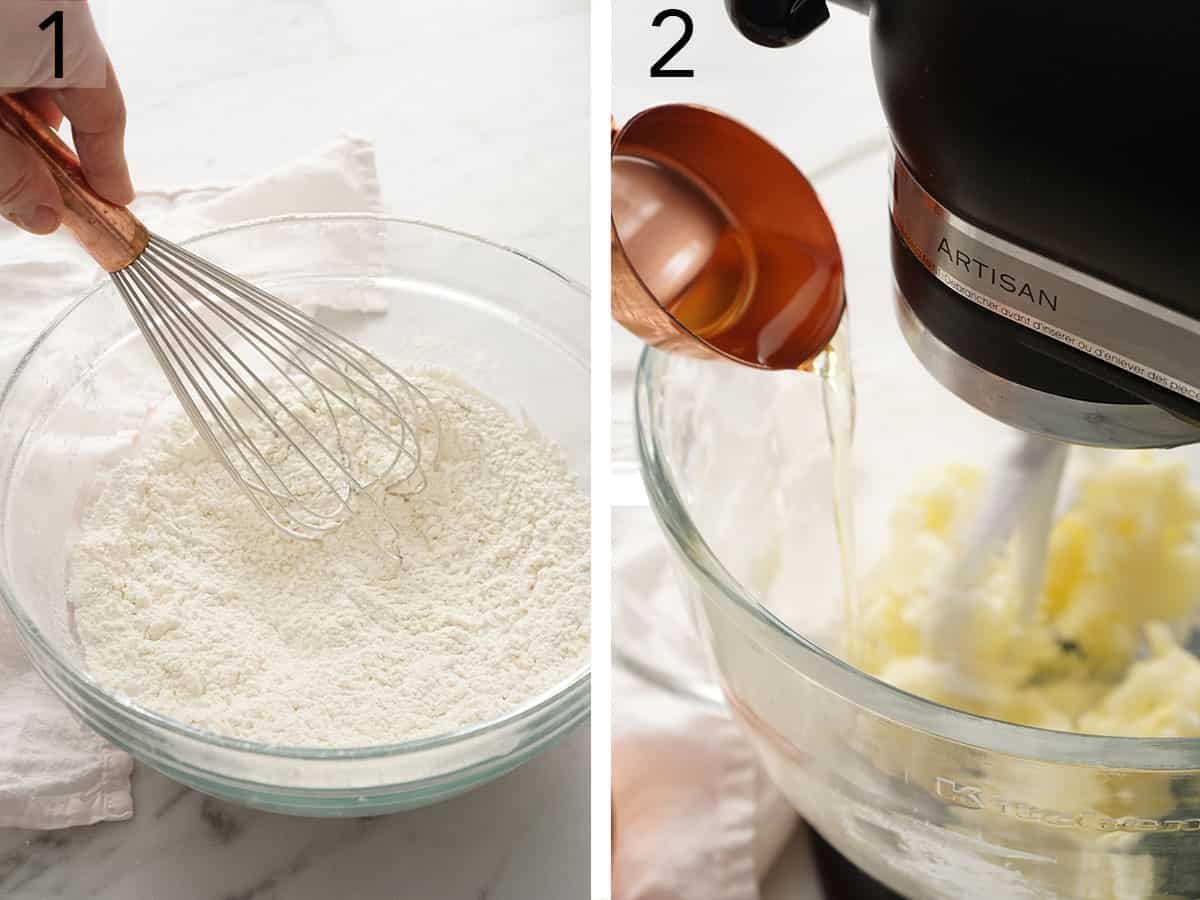 Yellow cake batter getting mixed in a stand mixer fitted with a paddle attachment.