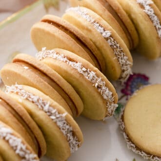 Alfajores cookies on a serving tray.