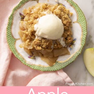 Pinterest graphic of a top down photo of an apple crisp with ice cream.