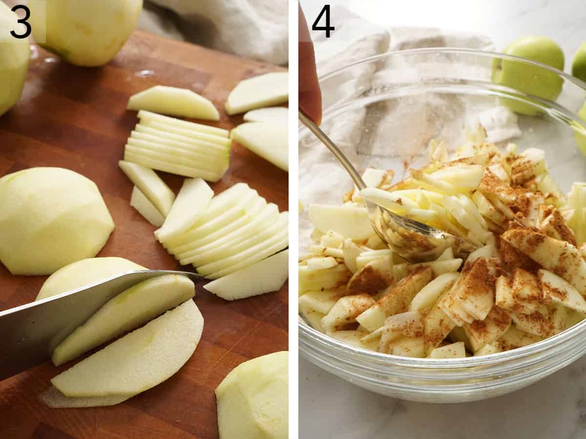 Apples sliced thinly for an apple crisp.