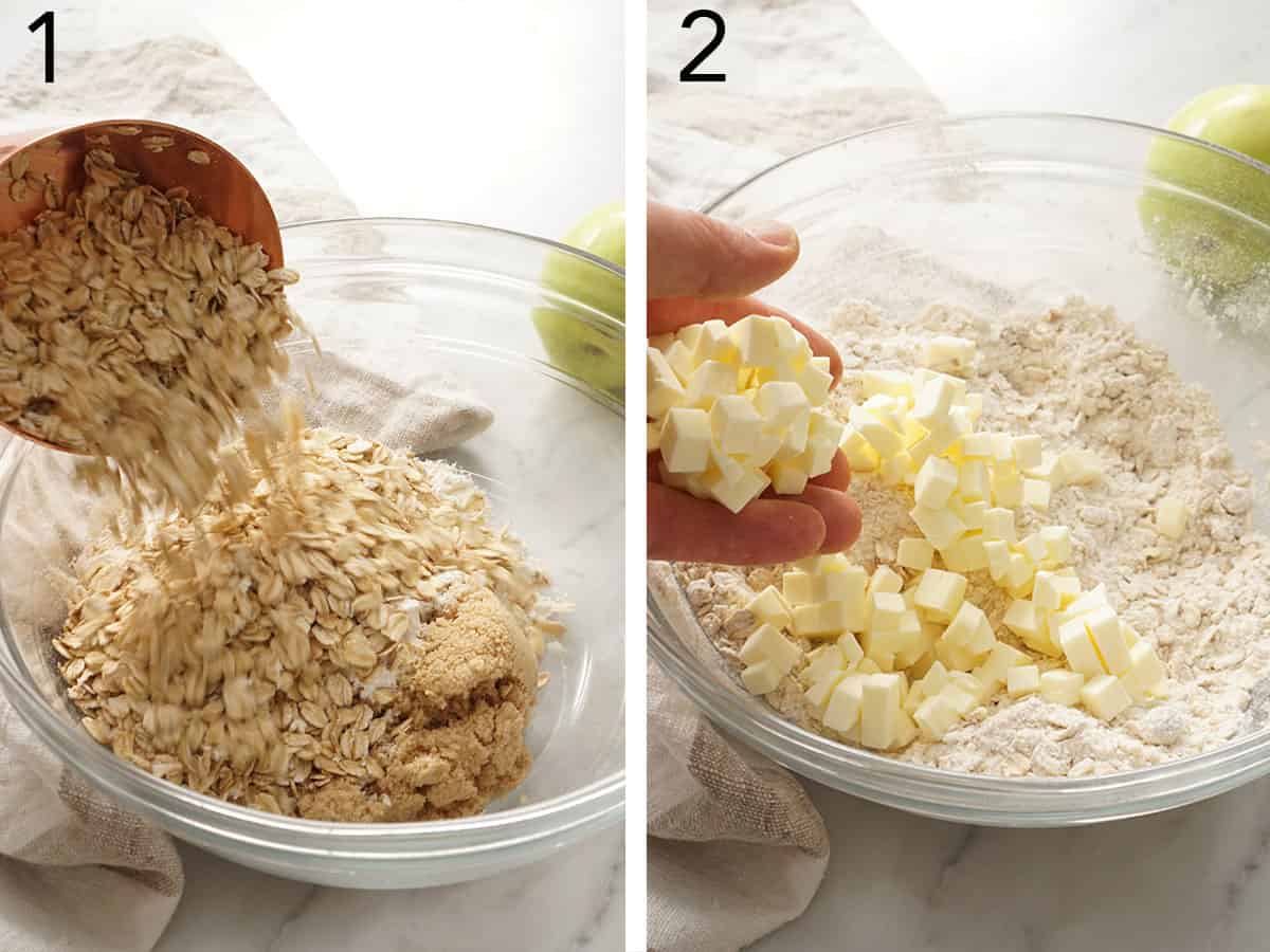 Apple crisp topping getting mixed in a glass bowl.