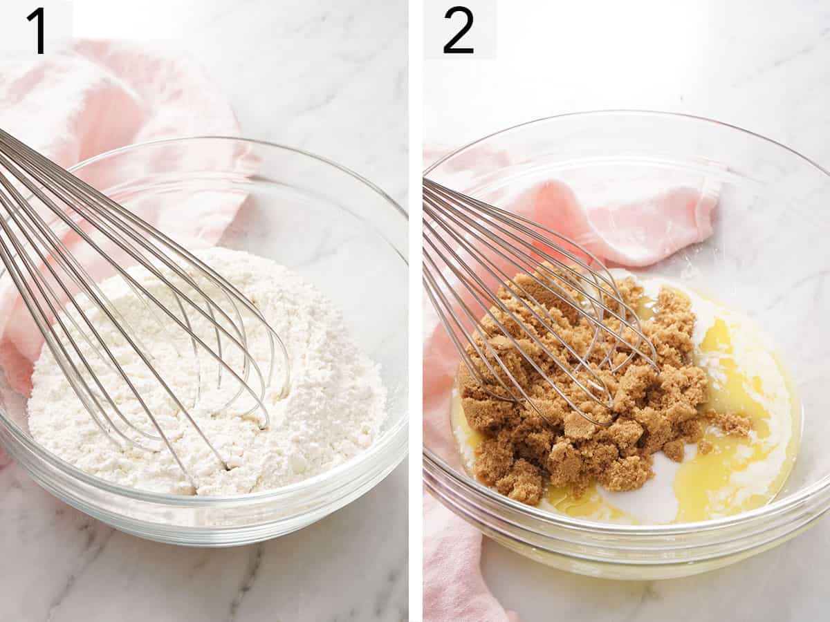 Set of two photos showing dry ingredients whisked in a bowl and wet ingredients with brown sugar whisked in another bowl.