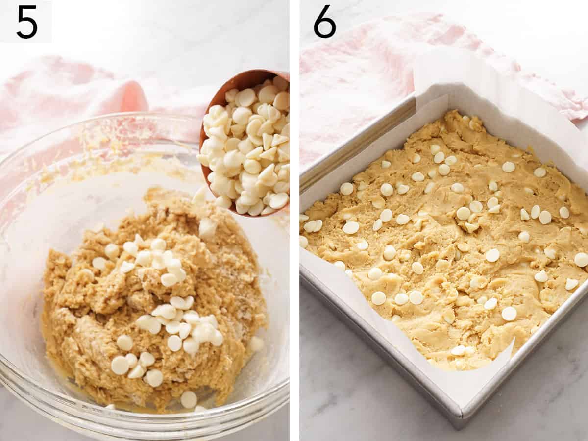 Set of two photos showing white chocolate chips added to the batter then transferred to a lined baking dish.