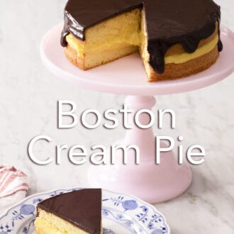 A Boston cream pie with a piece in the foreground.