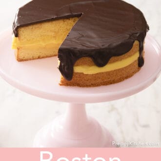 A Boston cream pie filled with pastry cream.