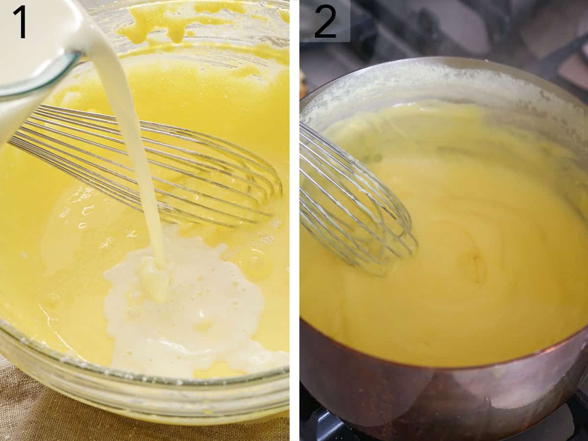 Pastry cream getting made with warm milk and egg yolks.