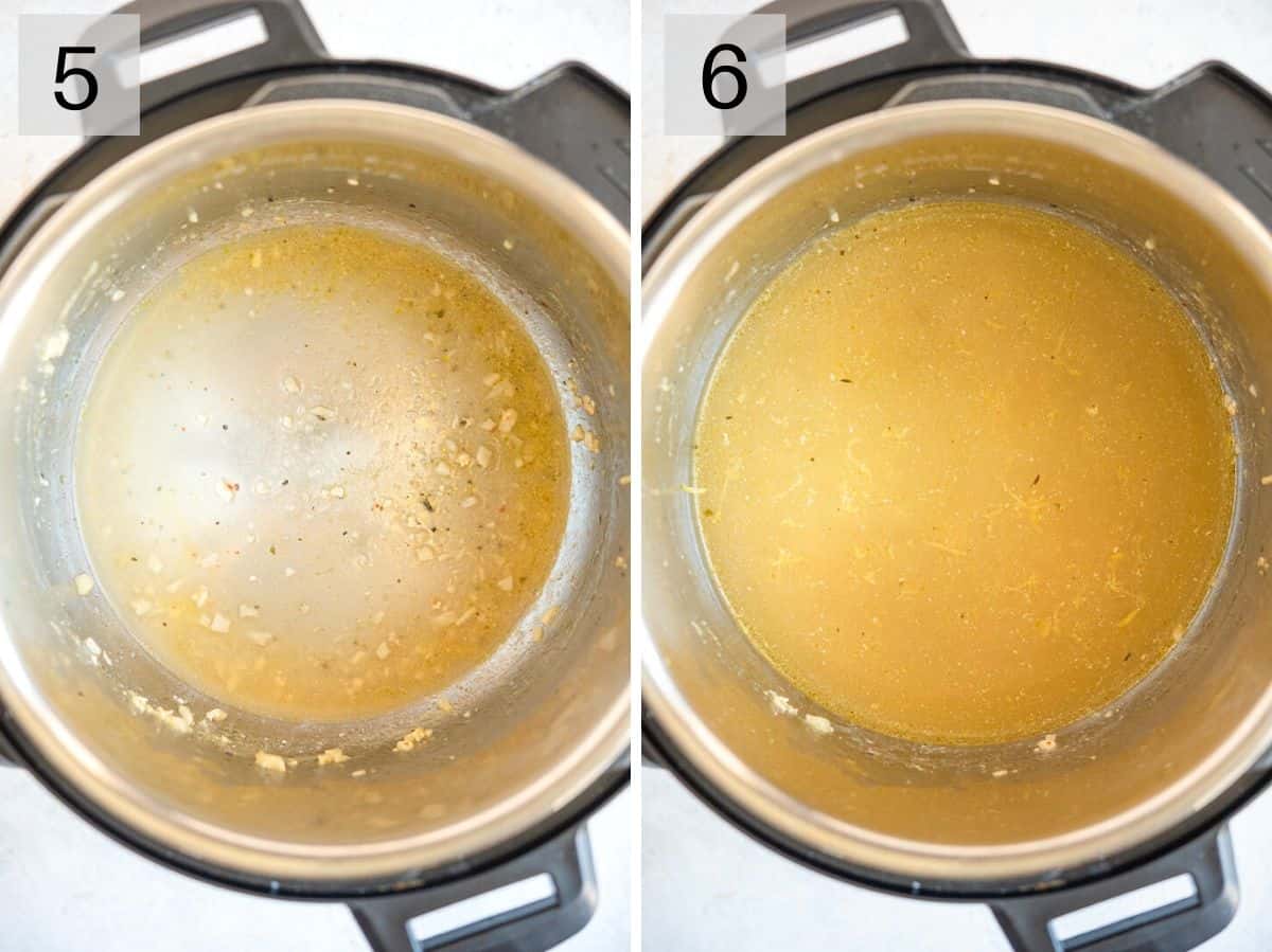 Two photos showing how to de-glaze an instant pot with wine and stock