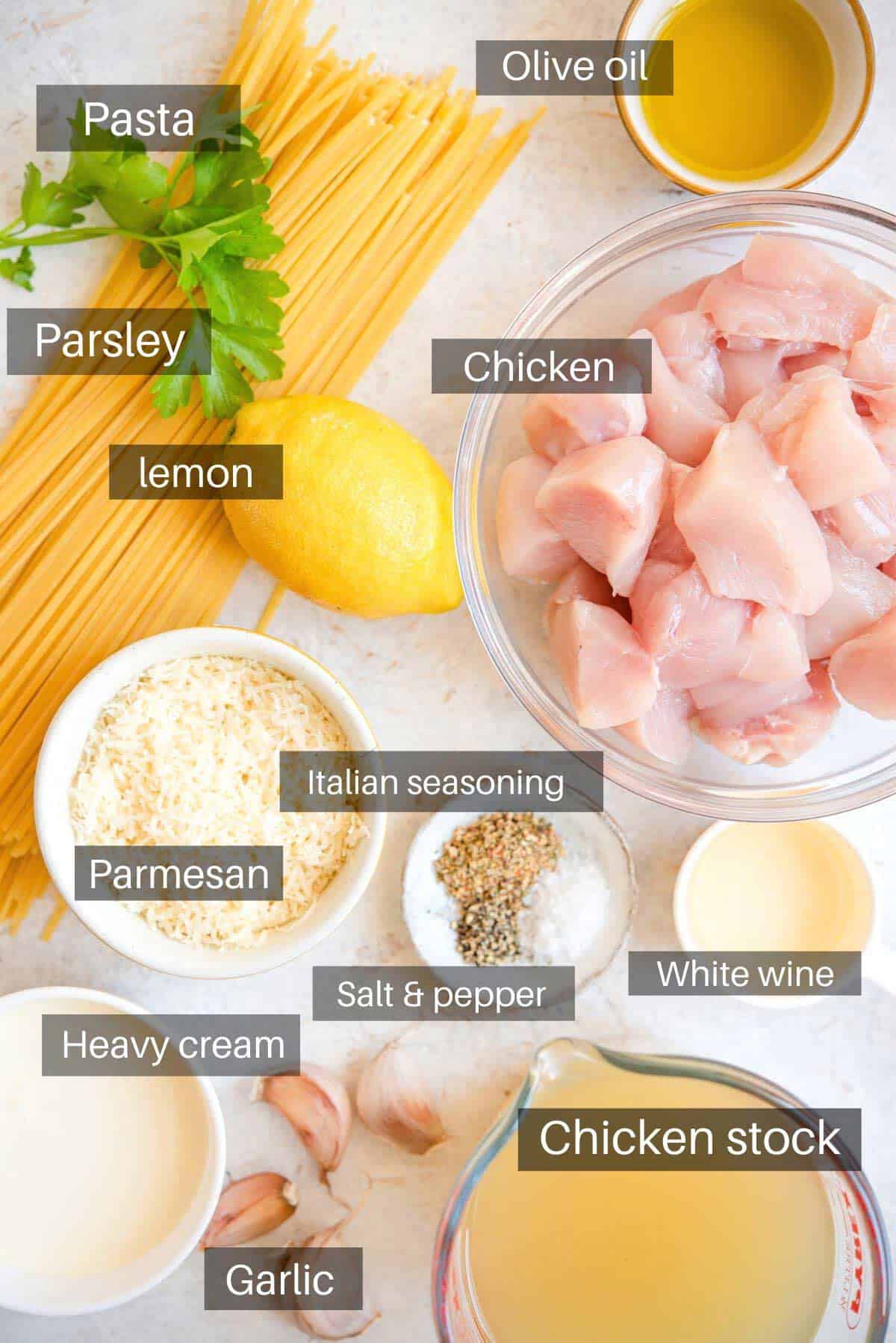 An overhead shot of all the ingredients you need to make Instant Pot Chicken Alfredo