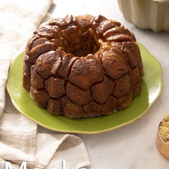A round monkey bread on a plate.