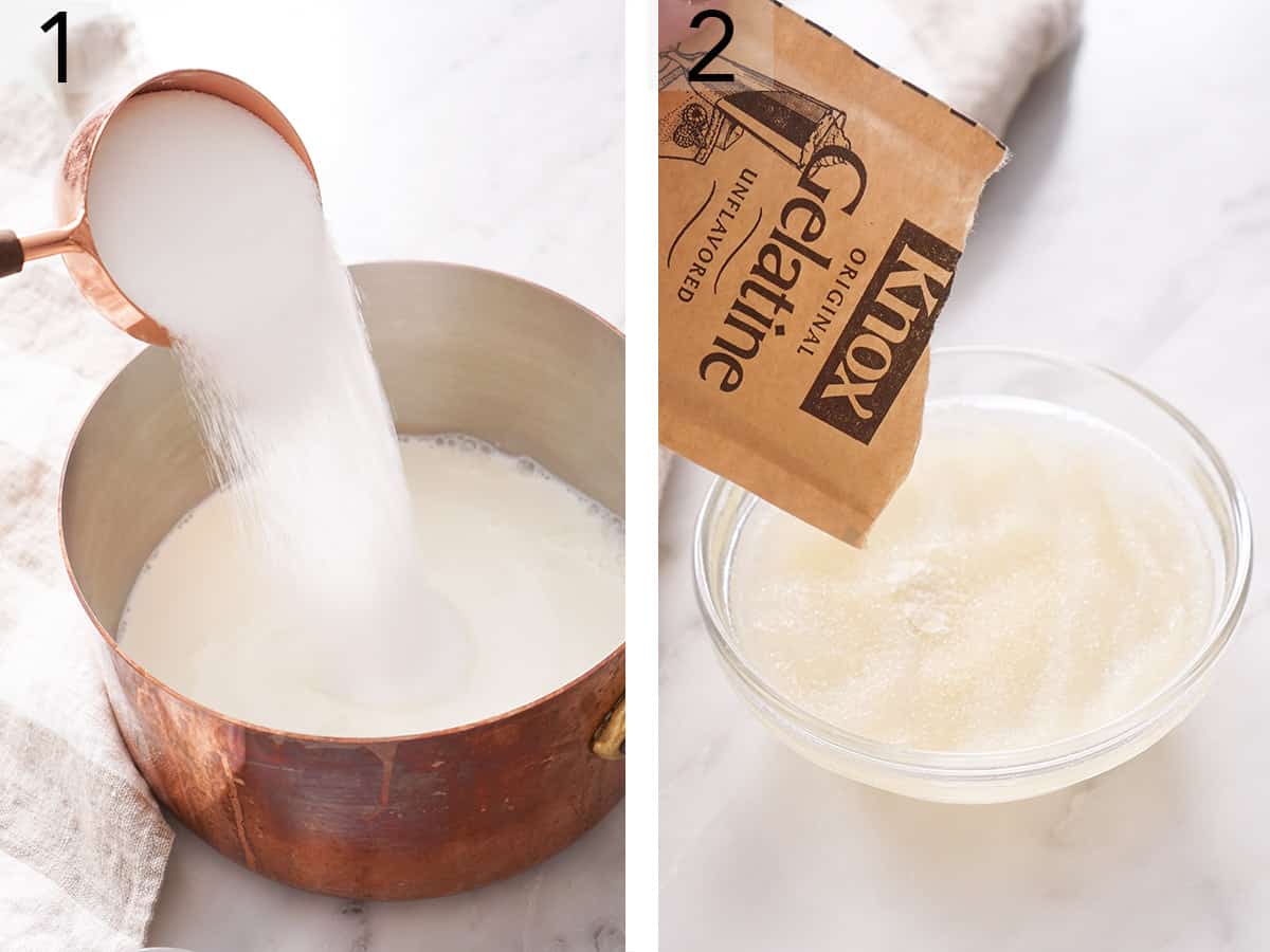 SUgar pouring into a pot of milk.