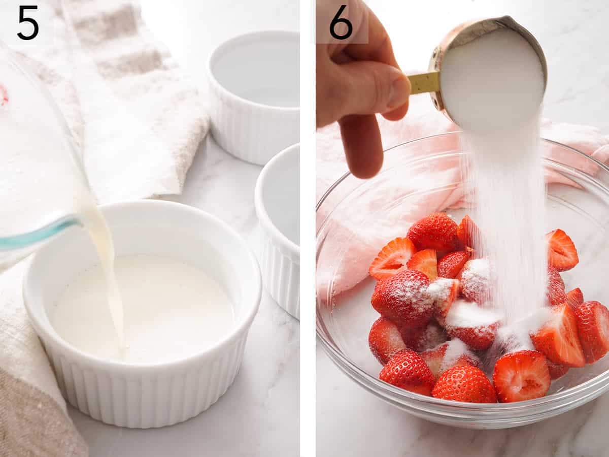 Sugar pouring onto halved strawberries.
