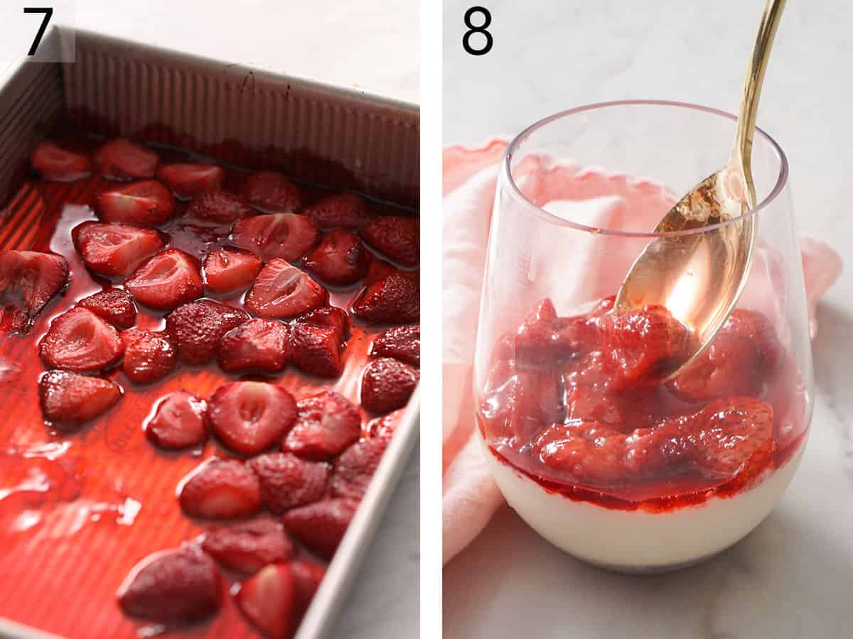 Roasted strawberries getting spooned onto a panna cotta.