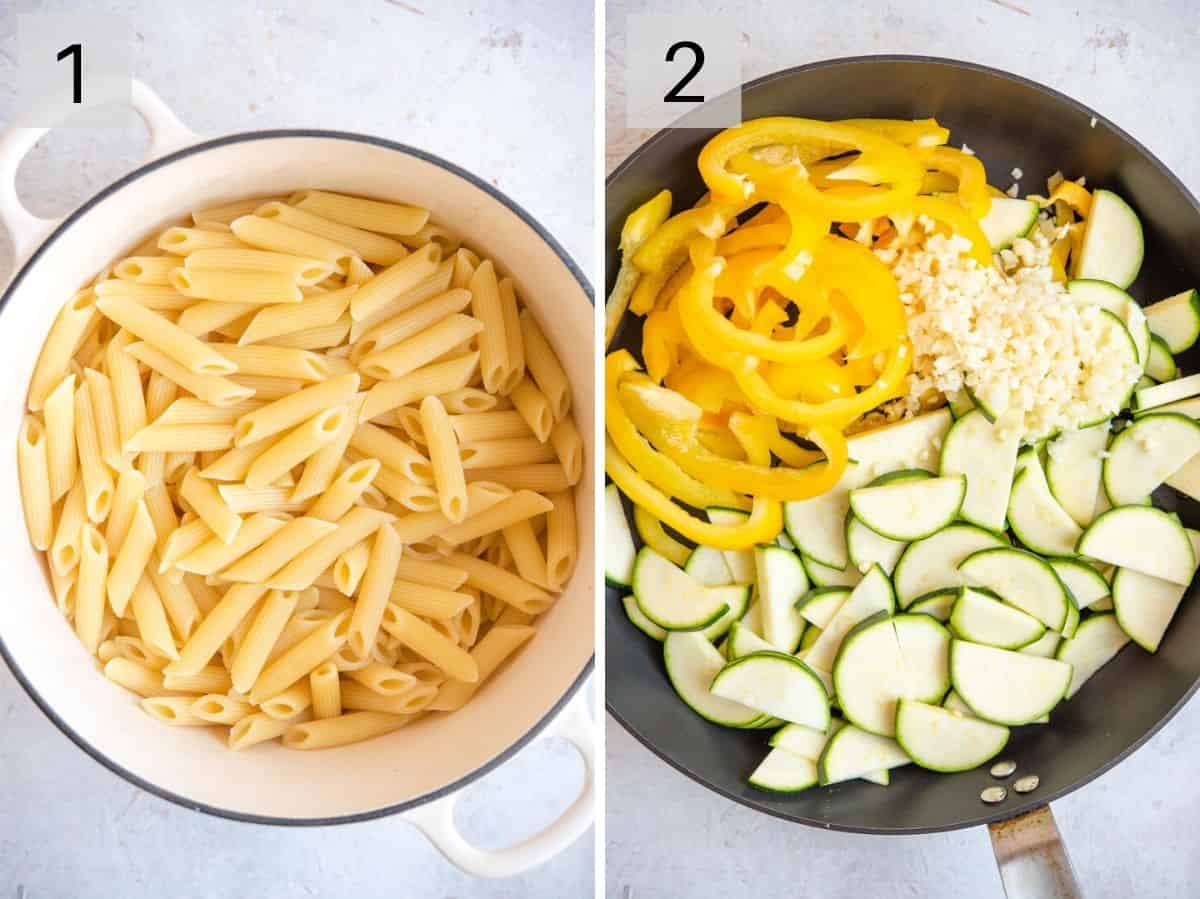 Two photos showing how to prepare Pasta Primavera