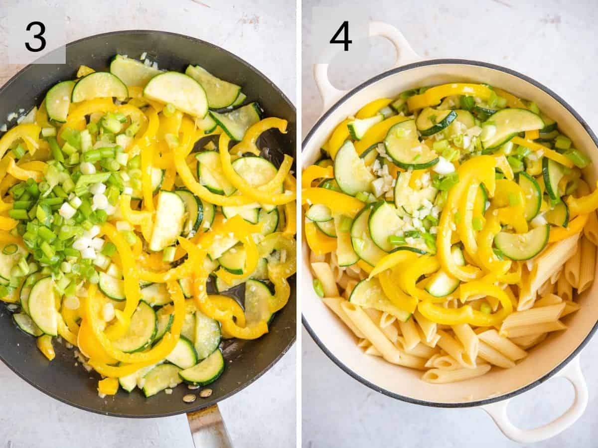 Two photos showing softened vegetables in skillet and added to cooked pasta