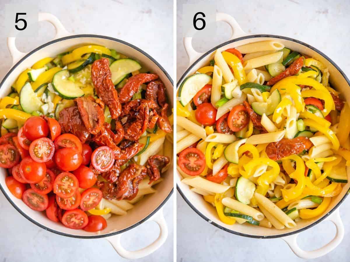 Two photos showing what how to mix vegetables and pasta together to make Pasta Primavera