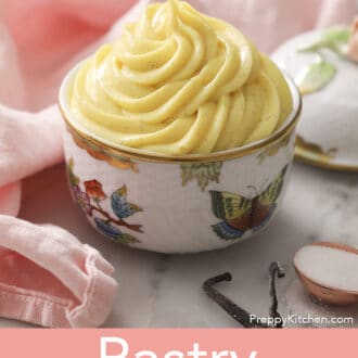 A painted porcelain container filled with pastry cream.
