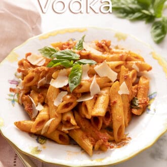 Penne alla vodka with basil and cheese.
