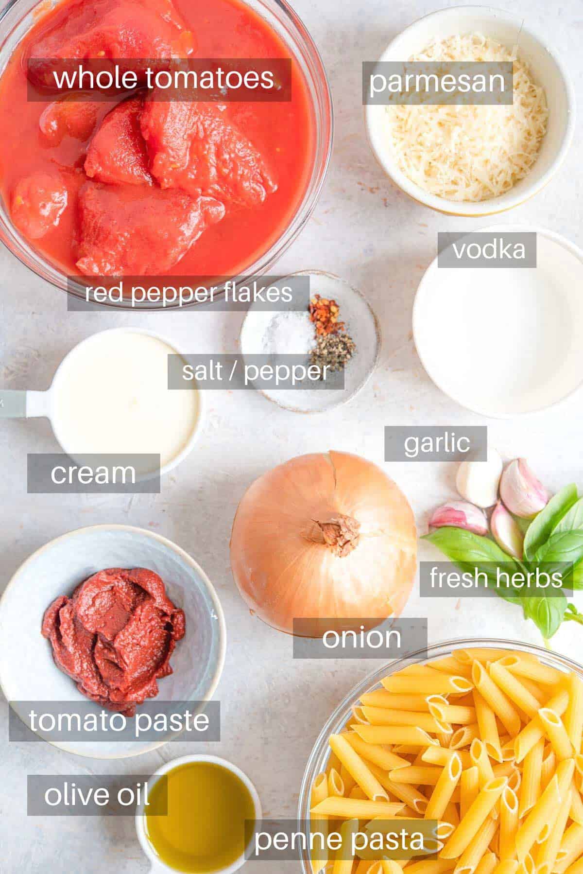 An overhead shot of ingredients you need to make penne alla vodka