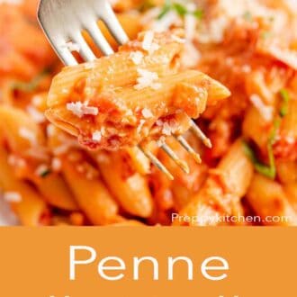 A pinterest graphic of penne alla vodka on a fork