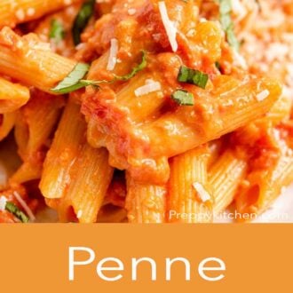 A pinterest graphic of a close up of penne alla vodka
