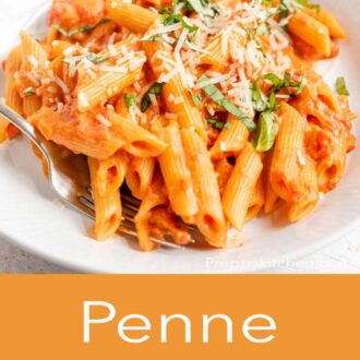 A pinterest graphic of a side shot of penne alla vodka