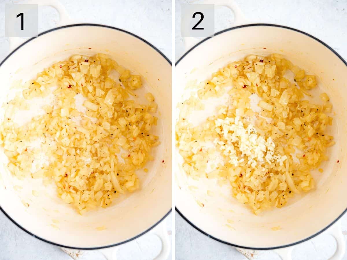 Two photos showing how to saute onion and garlic