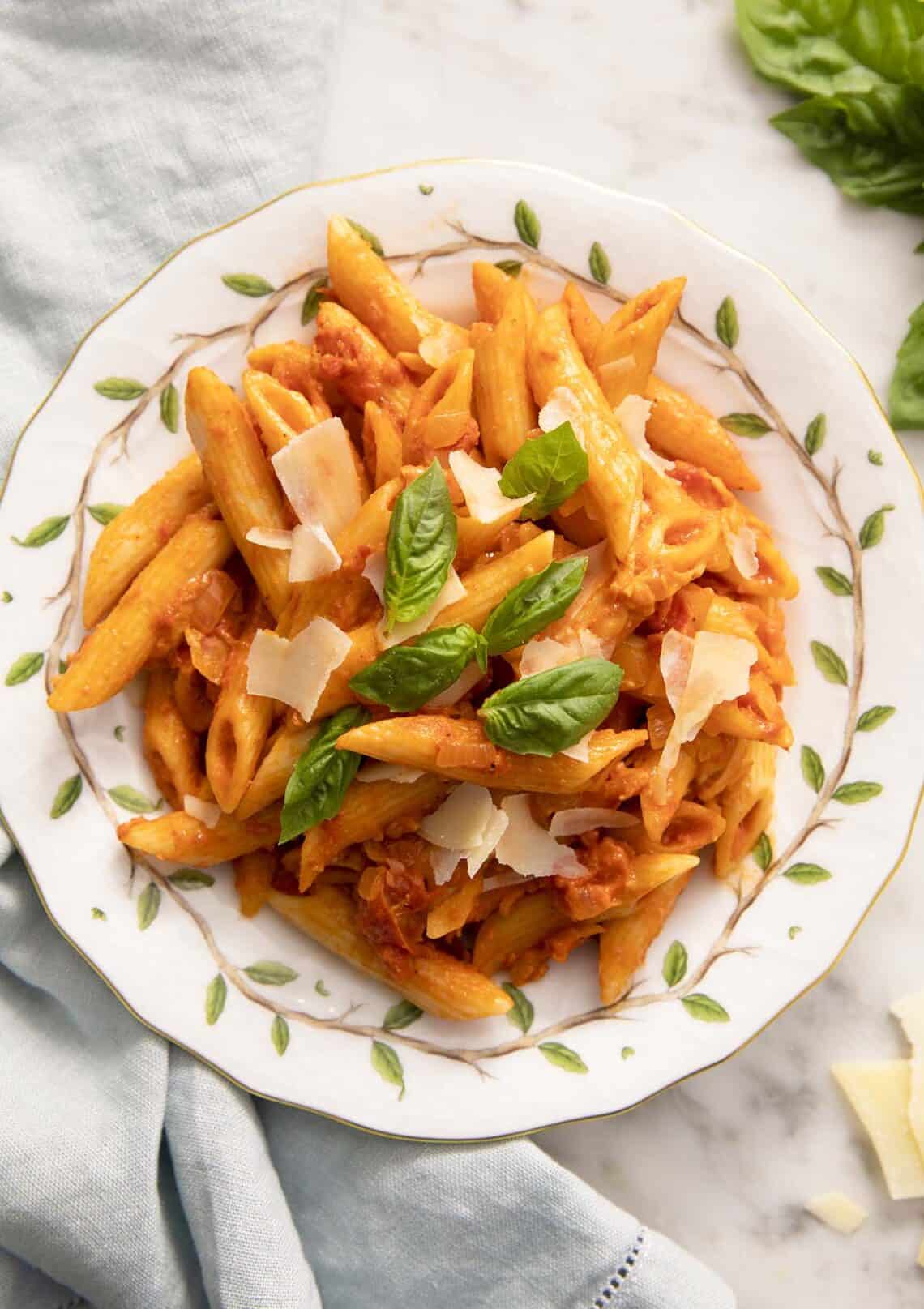 A portion of penne alla vodka on a plate.