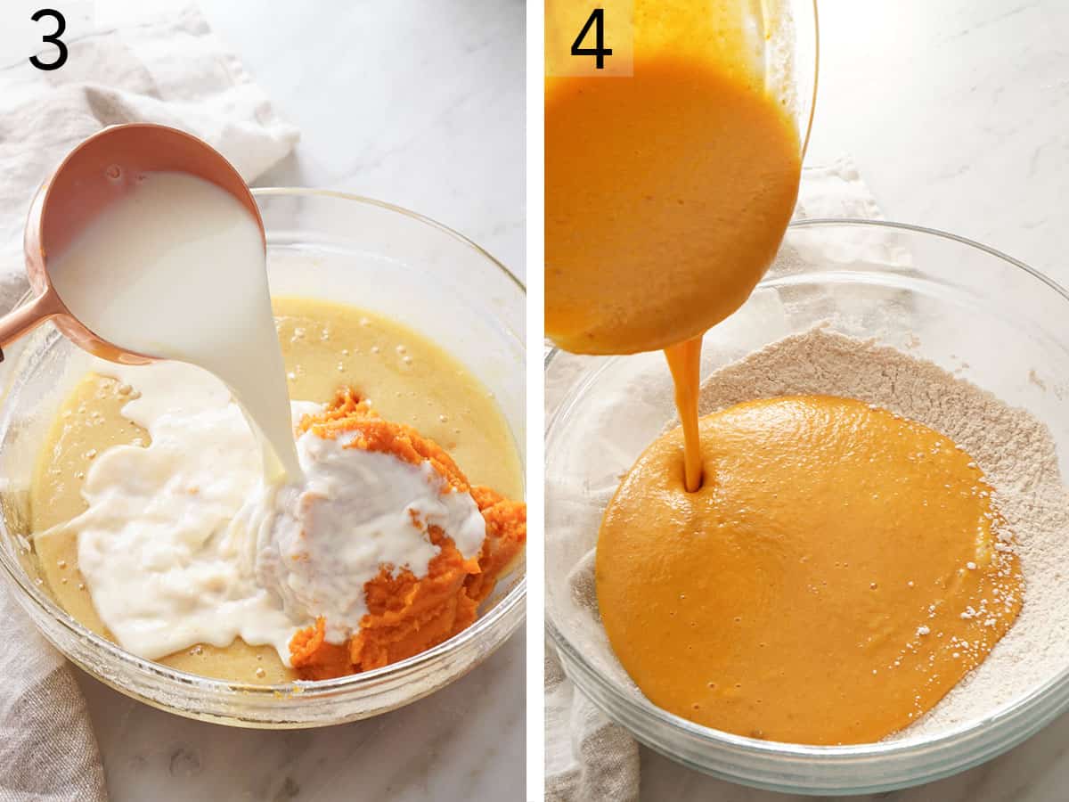 Pumpkin puree and sugar mixing in a glass bowl.