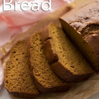 Pinterest graphic of three slices of pumpkin bread on a table in front of the loaf.