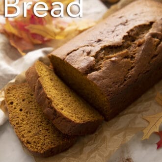 Pinterest graphic of a loaf of pumpkin bread on a marble counter.