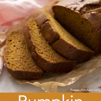 Pinterest graphic of a pumpkin bread next to a pink linen napkin.