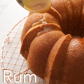 Rum sauce getting spooned onto a bundt cake.