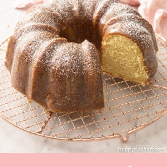 A bundt cake dusted with powdered sugar.