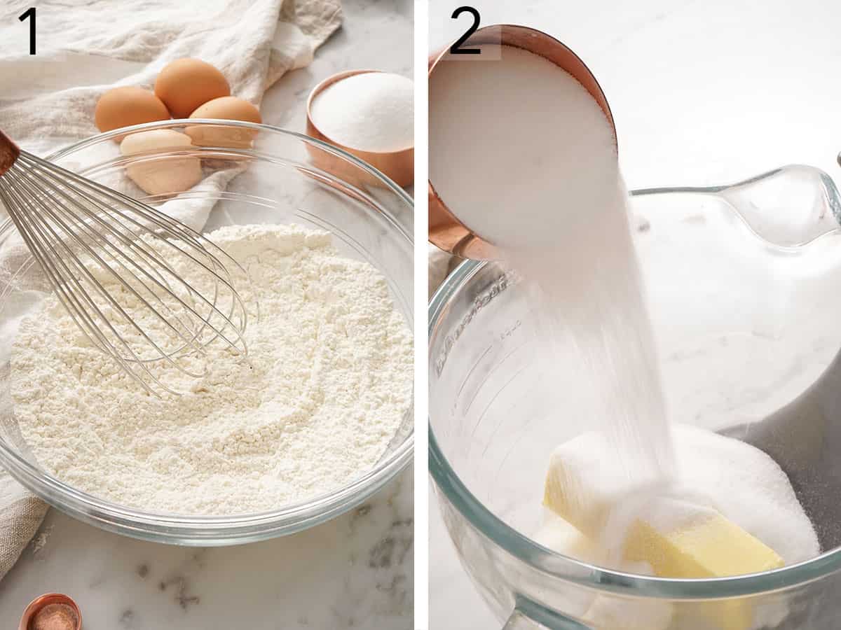 Dry ingredients whisked in a bowl and butter and sugar getting mixed to make a rum cake